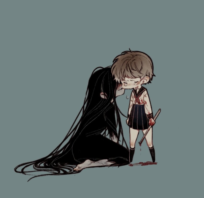 aqua_background black_hair black_kimono blood blood_on_clothes blood_on_face blood_on_hands bloody_weapon brown_hair commentary_request crowbar crying deformed full_body heroine_(homicipher) hetero highres holding holding_crowbar homicipher japanese_clothes kimono kiss kissing_cheek korean_commentary long_hair mr._crawling school_uniform serafuku short_hair simple_background skirt sweeeet_him very_long_hair weapon