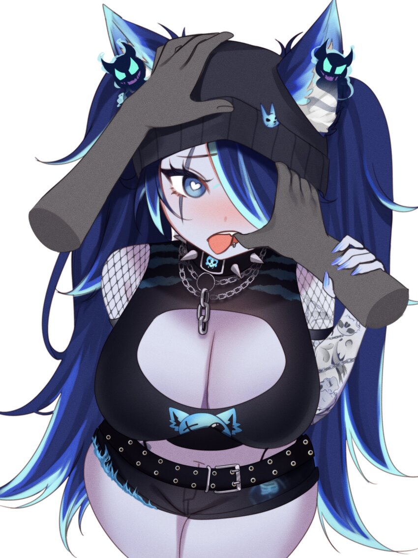 1girl absurdres animal_ear_fluff animal_ears belt black_belt black_hat black_shirt black_shorts blue_eyes blue_hair blue_nails breasts cleavage_cutout clothing_cutout crop_top face_piercing hair_over_one_eye hat headpat heart heart-shaped_pupils highres indie_virtual_youtuber large_breasts lip_piercing long_hair looking_at_viewer multicolored_hair nail_polish open_mouth piercing second-party_source shirt short_shorts shorts sky_above_me sleeveless sleeveless_shirt spite_(vtuber) spite_(vtuber)_(3rd_costume) streaked_hair symbol-shaped_pupils tongue tongue_out virtual_youtuber white_background wolf_ears wolf_girl