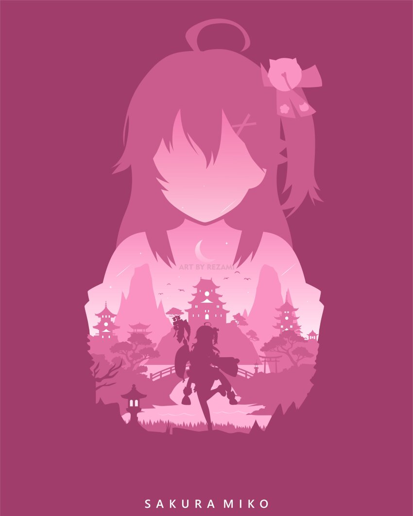 1girl absurdres ahoge architecture artist_name bell bird bridge character_name crescent_moon east_asian_architecture hair_bell hair_ornament highres hololive long_hair moon multiple_views one_side_up pink_theme rezami sakura_miko sakura_miko_(1st_costume) silhouette standing standing_on_one_leg tree virtual_youtuber water