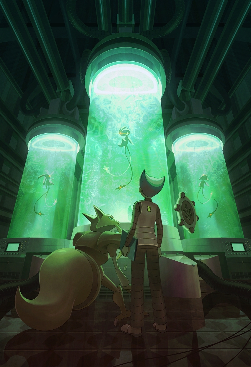 1boy absurdres azelf bronzor ceiling commentary_request creatures_(company) from_behind game_freak gen_1_pokemon gen_4_pokemon highres holding indoors kadabra legendary_pokemon logo male_focus mesprit nintendo pants pokemon pokemon_(creature) pokemon_dppt sasakure_(mogunonbi) saturn_(pokemon) shirt shoes short_hair standing stasis_tank team_galactic team_galactic_uniform uxie vest