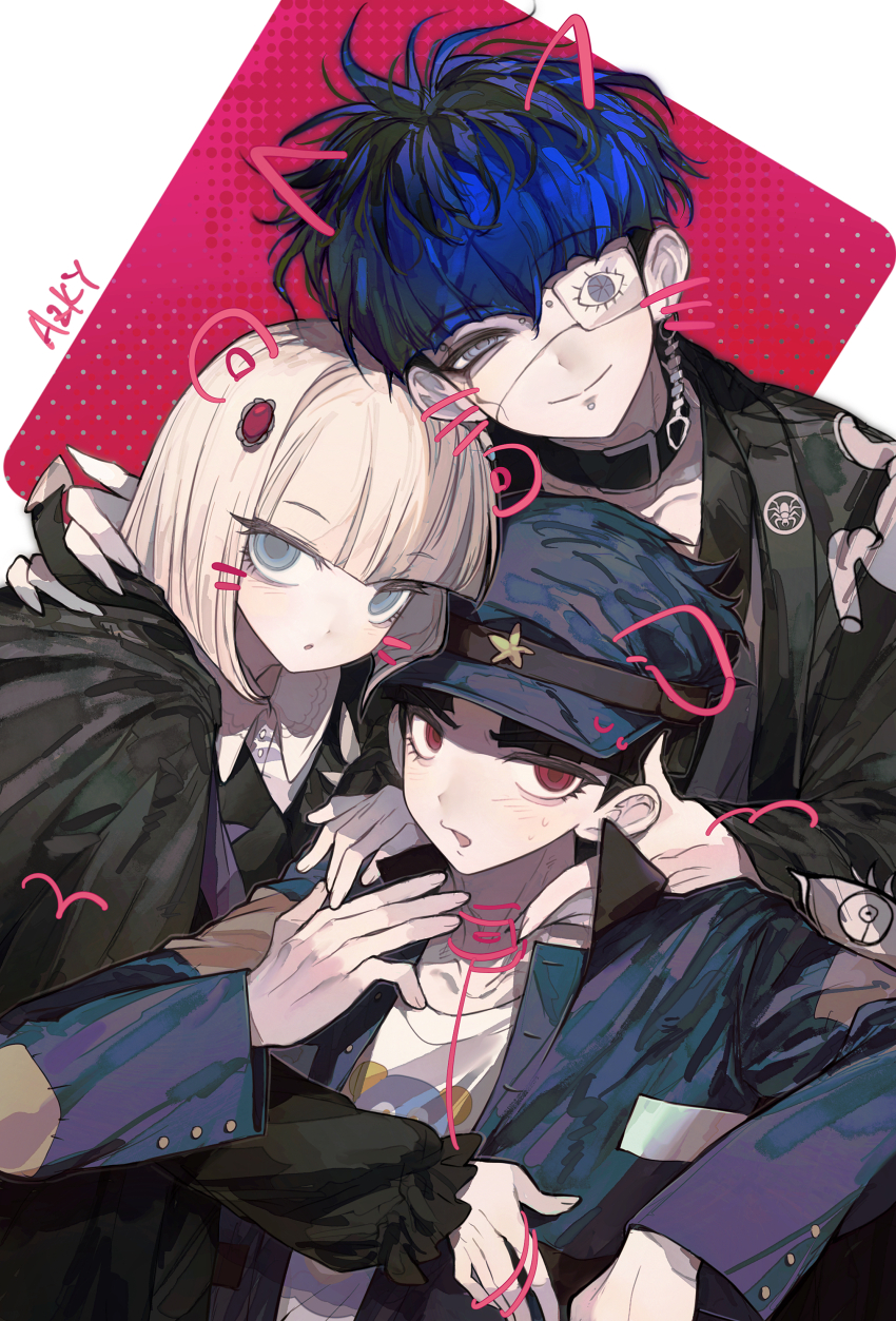 1girl 2boys absurdres animal_ears animal_print anzekeye artist_name black_cape black_hair black_haori blonde_hair blue_eyes blue_hair blue_hat blue_jacket bob_cut cape chinese_commentary choker closed_mouth commentary earrings english_commentary eye_print eyepatch eyeshadow face_piercing gradient_hair hair_ornament haori hat highres hug hug_from_behind jacket japanese_clothes jewelry kimono labret_piercing looking_at_viewer makeup maruko_gaku mixed-language_commentary multicolored_hair multiple_boys omokage_yugamu oosuzuki_kurara open_mouth piercing print_eyepatch red_background red_eyes shirt short_hair smile spider_print the_hundred_line_-last_defense_academy- upper_body white_background white_shirt