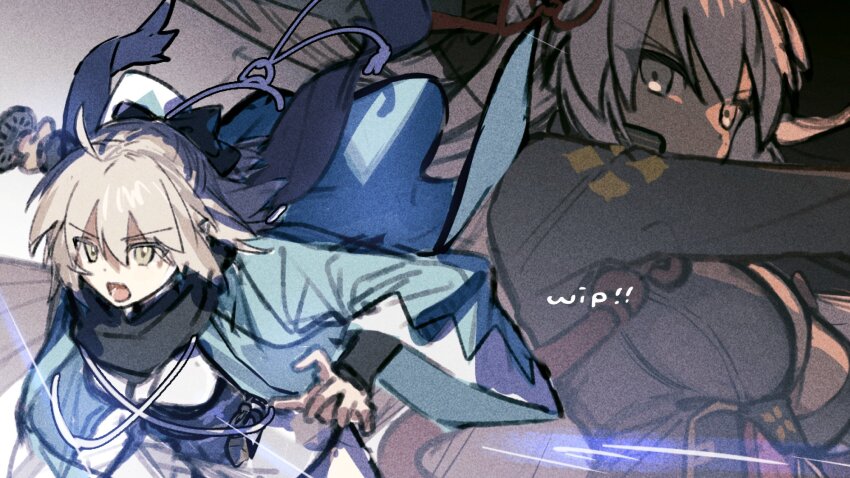 2girls armor black_background black_bow black_coat black_scarf blonde_hair blue_haori blue_sash bow breasts cleavage coat commentary_request covered_mouth dark-skinned_female dark_skin dual_persona fate/grand_order fate_(series) floating_clothes grey_eyes hair_between_eyes hair_bow hair_ribbon haori highres holding holding_sword holding_weapon japanese_armor japanese_clothes katana kimono kote kurokote long_hair long_sleeves looking_at_viewer medium_breasts multiple_girls okita_souji_(fate) okita_souji_(third_ascension)_(fate) okita_souji_alter_(fate) okita_souji_alter_(second_ascension)_(fate) open_clothes open_mouth pink_hair red_ribbon ribbon rizu033 sash scarf short_hair sword tassel teeth two-tone_background unfinished upper_body v-shaped_eyebrows weapon white_background white_kimono wide_sleeves yellow_eyes