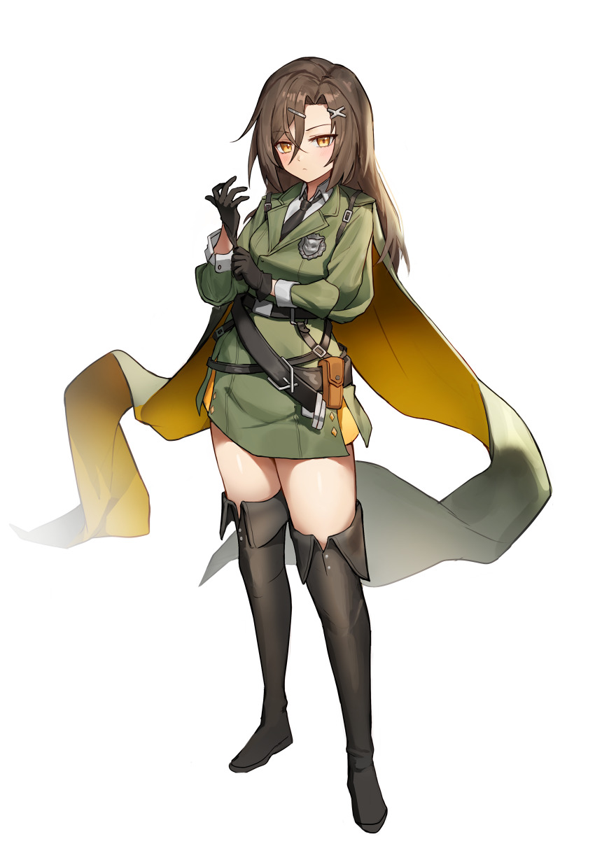 1girl absurdres belt black_gloves black_thighhighs boots brown_hair cape christina_brecht commentary_request commission counter:side expressionless full_body glove_pull gloves green_jacket green_skirt hair_ornament hairclip high-waist_skirt highres jacket korean_commentary long_hair long_sleeves looking_at_viewer muhae_(dcnh8882) multiple_belts necktie parted_bangs simple_background skirt solo thigh_boots thighhighs thighs undershirt white_background yellow_eyes zettai_ryouiki