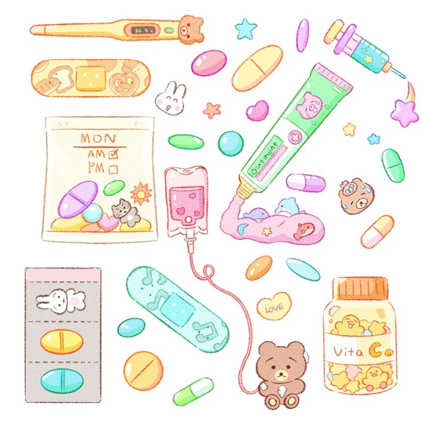 bandaid commentary highres intravenous_drip no_humans object_focus ointment original pastel_colors pill pill_bottle simple_background stuffed_animal stuffed_toy summernight_12 symbol-only_commentary syringe teddy_bear thermometer white_background yume_kawaii