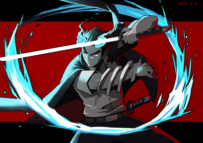 1boy bara belt blue_fire cowboy_shot dated facial_scar fiery_horns fighting_stance fire gakuran glowing_tattoo gorioxxxx holding holding_sword holding_weapon horns hydrokinesis jacket jacket_on_shoulders letterboxed looking_to_the_side male_focus outside_border red_background sakimori_toji scar scar_on_cheek scar_on_face school_uniform shirt short_hair short_sleeves solo sword thick_eyebrows tokyo_houkago_summoners water weapon white_shirt