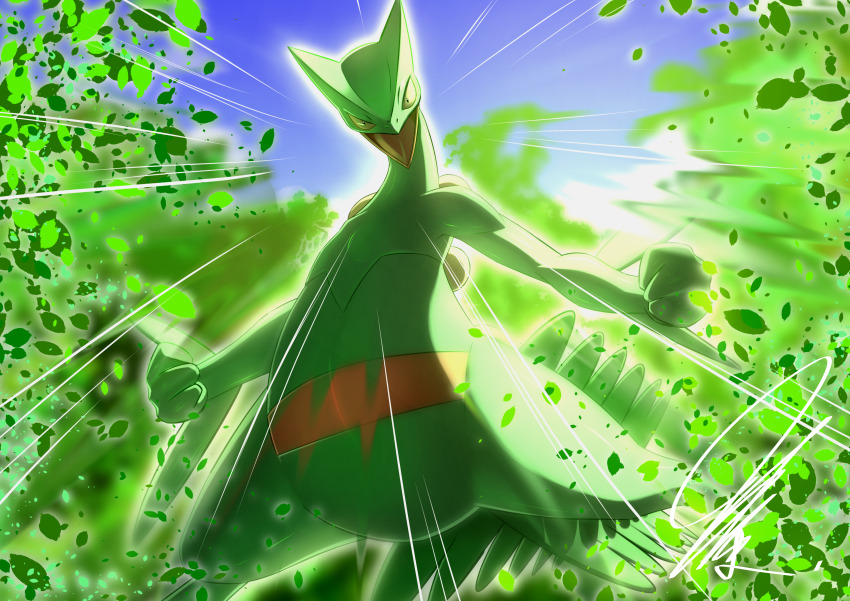 absurdres aura black_eyes blue_sky clenched_hands cloud colored_sclera colored_skin day dynamic_pose falling_leaves floating forest from_below game_freak gen_3_pokemon glowing green_aura green_sclera green_skin highres leaf light_rays looking_at_viewer mitsukuma448 motion_lines nature nintendo open_mouth pokemon pokemon_(creature) red_skin sceptile signature sky solo tail tongue upper_body yellow_eyes