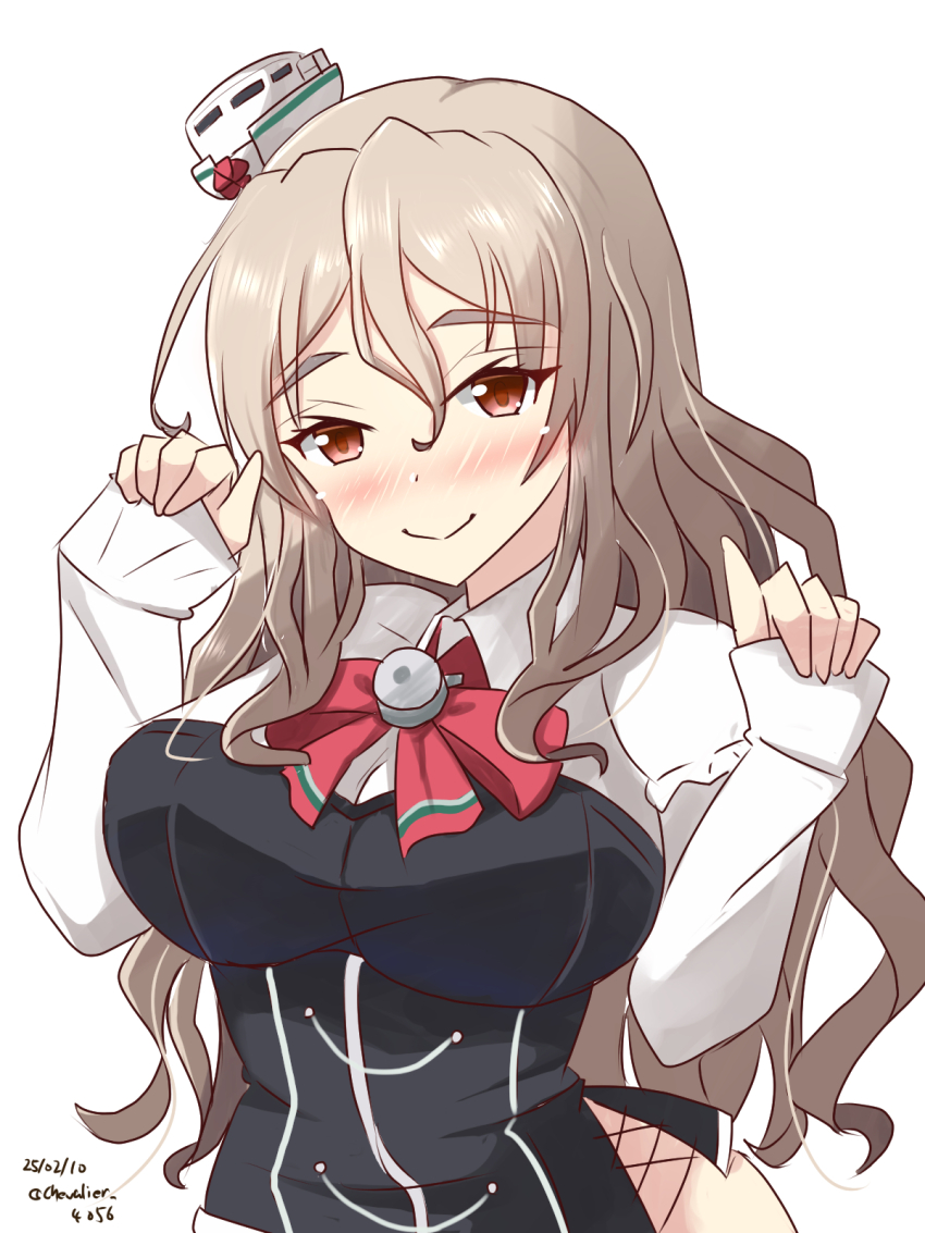 1girl blush breasts brown_eyes dated grey_hair hair_between_eyes hat highres kantai_collection large_breasts long_hair long_sleeves looking_at_viewer mini_hat pola_(kancolle) sawatani_(chevalier_04056) shirt smile solo thick_eyebrows twitter_username wavy_hair white_shirt
