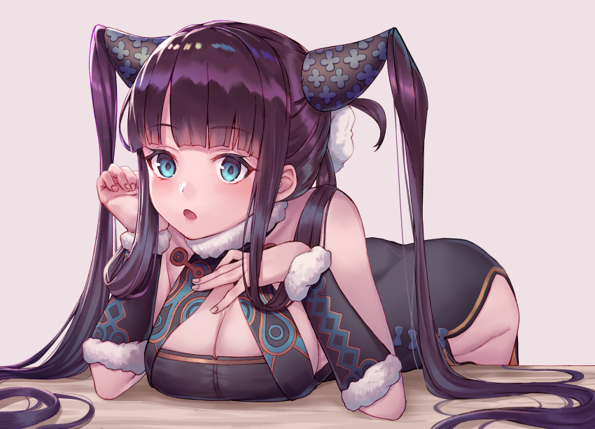 1girl absurdres arl ass bare_shoulders black_dress blue_eyes blunt_bangs blush breast_press breasts china_dress chinese_clothes cleavage detached_sleeves dress fate/grand_order fate_(series) female_focus hair_ornament highres large_breasts leaning_forward long_hair looking_at_viewer open_mouth purple_hair sidelocks simple_background solo twintails very_long_hair yang_guifei_(fate) yang_guifei_(second_ascension)_(fate)