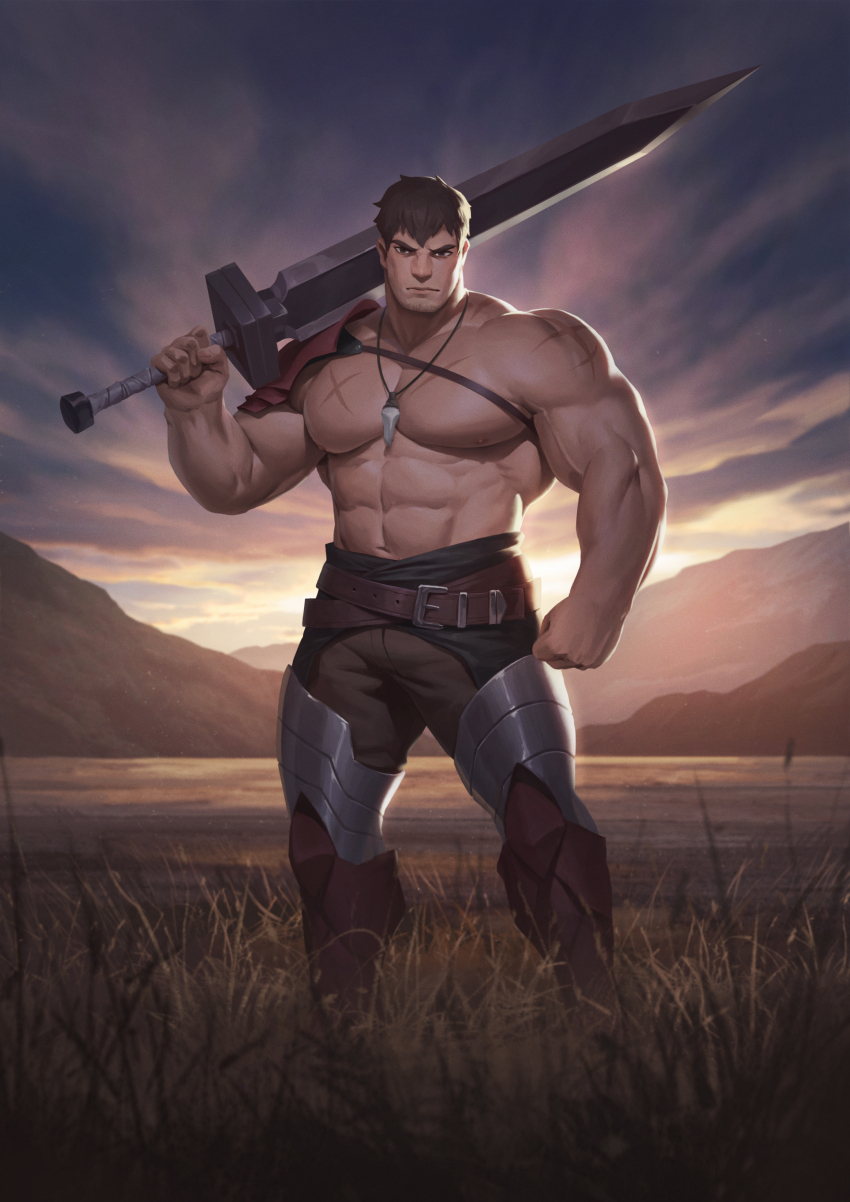 1boy abs absurdres armor armored_boots bara belt boots brown_belt brown_pants closed_mouth commission dota:_dragon&#039;s_blood dota_(series) dota_2 dragon_knight_(dota) highres holding holding_sword holding_weapon jewelry large_pectorals looking_at_viewer male_focus muscular muscular_male nat_vitchayed navel necklace nipples pants pauldrons pectorals scar scar_on_arm scar_on_chest short_hair shoulder_armor single_pauldron solo sword topless_male weapon