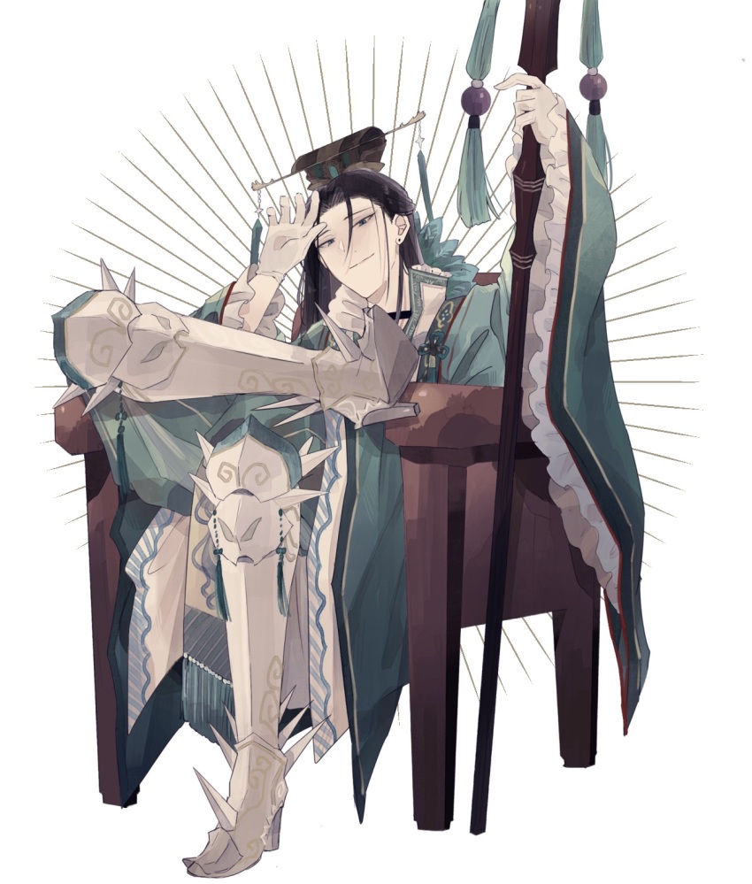 1boy armor black_hair boots chair chenqunpero chinese_clothes ear_piercing fa_zheng full_body greaves hair_ornament hair_stick highres holding holding_staff crossed_legs long_hair looking_at_viewer male_focus piercing romance_of_the_three_kingdoms simple_background sitting smile smug solo staff white_background wide_sleeves