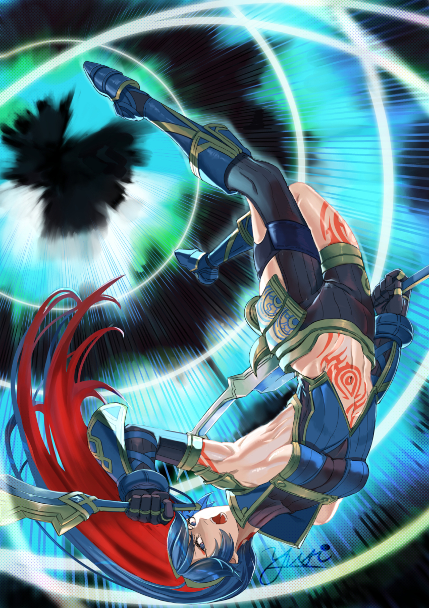 .hack// .hack//g.u. 1girl arm_tattoo armpits asymmetrical_clothes black_gloves black_pants blue_boots blue_eyes blue_hair blue_shirt boots breasts colored_inner_hair commentary cosplay crop_top dual_wielding elbow_gloves english_commentary eyeshadow fire_emblem fire_emblem_awakening full_body gauntlets gloves groin hair_between_eyes haseo_(.hack//) haseo_(.hack//)_(cosplay) highres holding holding_sword holding_weapon knee_boots leg_tattoo long_hair looking_at_viewer lucina_(fire_emblem) makeup midriff mixed-language_commentary multicolored_hair navel neck_tattoo nintendo open_mouth pants red_eyeshadow red_hair shirt sideboob sidelocks signature single_bare_shoulder single_pantsleg skindentation sleeveless sleeveless_shirt small_breasts solo stomach_tattoo sword tattoo teeth two-tone_hair upside-down weapon yusi_vishnu