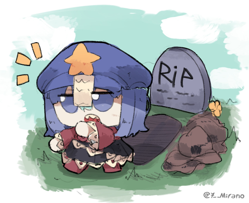 1girl 7-mirano black_skirt blue_eyes blue_hair blue_hat boots chibi chibi_only commentary commission english_commentary full_body fumo_(doll) grave hat hat_ornament lace-trimmed_sleeves lace_trim miyako_yoshika newsboy_cap notice_lines ofuda open_mouth outstretched_arms red_boots red_shirt rest_in_peace_(phrase) sharp_teeth shirt short_hair skirt solo standing star_(symbol) star_hat_ornament teeth tombstone touhou zombie_pose