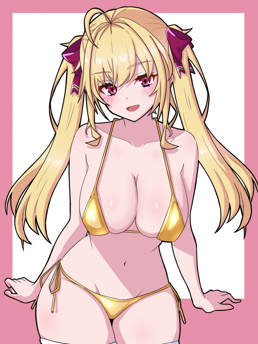 1girl arms_at_sides bare_shoulders bikini blush bow breasts cleavage collarbone cowboy_shot gold_bikini hair_bow highres large_breasts long_hair looking_at_viewer midriff nijisanji open_mouth orihojisan pink_background pink_eyes red_bow red_eyes side-tie_bikini_bottom solo swimsuit takamiya_rion thighhighs twintails two-tone_background virtual_youtuber white_background white_thighhighs