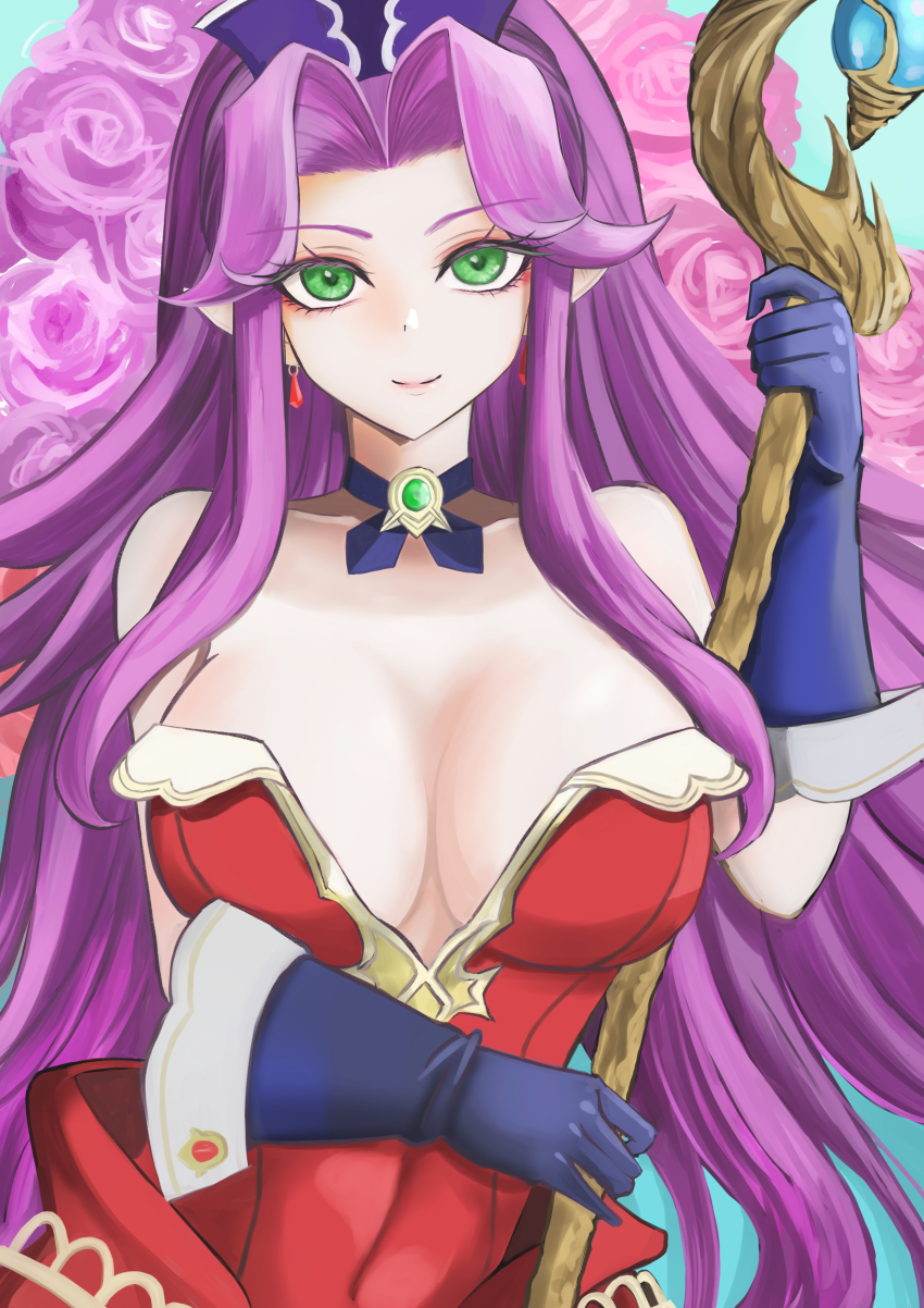 1girl absurdres angela_(seiken_densetsu_3) artist_request bare_shoulders breasts closed_mouth earrings female_focus green_eyes hair_intakes hat highres holding holding_staff jewelry large_breasts leotard looking_at_viewer purple_hair purple_hat red_leotard red_skirt seiken_densetsu seiken_densetsu_3 showgirl_skirt sidelocks skirt smile solo square_enix staff swept_bangs