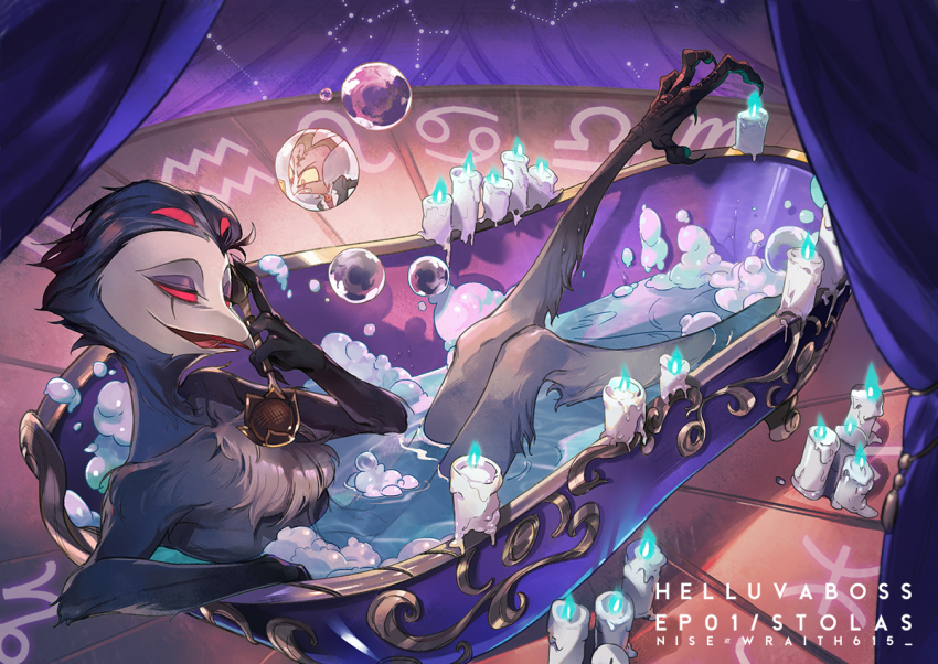 2boys bathtub beak bird_boy blitzo_(helluva_boss) bubble candle completely_nude curtains demon_boy demon_horns extra_eyes grey_hair helluva_boss horns male_focus multiple_boys nude owl_boy phone red_eyes stolas_(helluva_boss) wet wraith615