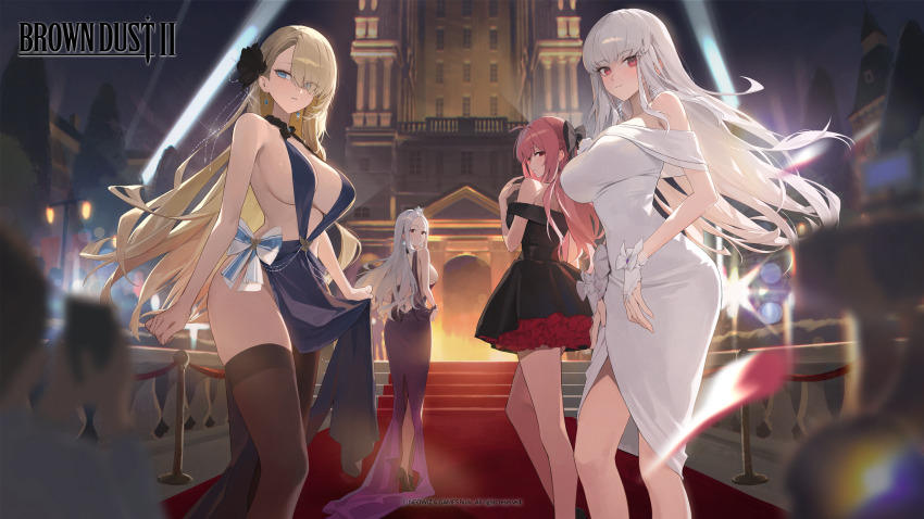 4girls absurdres black_dress black_thighhighs blade_(brown_dust) blonde_hair blue_dress blue_eyes bow breasts brown_dust_(series) brown_dust_2 dress earrings hair_bow hair_ornament high_heels highres jewelry large_breasts legs liberta_(brown_dust_2) looking_at_viewer michaela_(brown_dust) multiple_girls official_art outdoors pink_hair purple_dress red_carpet red_eyes sideboob sleeveless sleeveless_dress strapless strapless_dress thighhighs thighs white_dress white_hair wide_hips wilhelmina_(brown_dust) xi_xeong