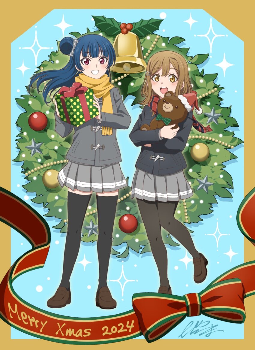 2024 2girls :d black_jacket black_pantyhose black_thighhighs blue_hair blunt_bangs brown_footwear brown_hair christmas_present christmas_wreath commentary_request dated_commentary floating_hair full_body gift grey_jacket grey_skirt grin highres holding holding_gift holding_stuffed_toy jacket kunikida_hanamaru loafers long_hair love_live! love_live!_sunshine!! merry_christmas miniskirt multiple_girls open_mouth pantyhose pleated_skirt red_eyes red_ribbon ribbon scarf school_uniform serafuku shoes signature skirt smile standing stuffed_animal stuffed_toy teddy_bear teeth thighhighs tsushima_yoshiko unmoving_pattern upper_teeth_only uranohoshi_school_uniform vorupi wreath yellow_eyes yellow_scarf zettai_ryouiki