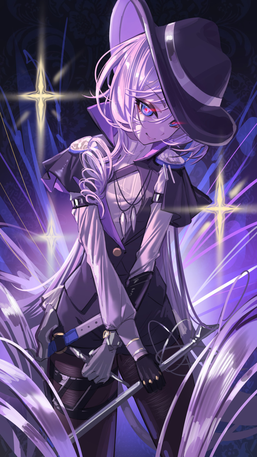 1girl absurdres asymmetrical_gloves black_hat blue_eyes character_request closed_eyes closed_mouth copyright_request cowboy_shot gloves hat highres jacket long_hair looking_at_viewer mismatched_gloves purple_hair shale smile solo standing very_long_hair