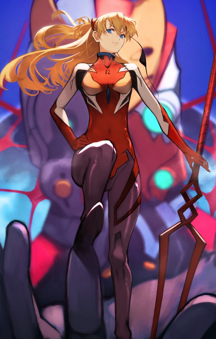 &gt;:( 1girl absurdres aqua_eyes bident black_bodysuit blue_eyes blue_sky blurry blurry_background bodysuit breasts carrying closed_mouth commentary_request day depth_of_field eva_02 evangelion:_3.0_you_can_(not)_redo eyepatch feet_out_of_frame floating_hair foot_out_of_frame from_below gloves hair_between_eyes hand_on_own_hip headgear highres holding holding_weapon interface_headset_(evangelion) lance_of_longinus_(evangelion) legs long_hair looking_at_viewer mecha mecha_pilot_suit multicolored_bodysuit navel neon_genesis_evangelion orange_hair outdoors planted plugsuit_(evangelion) polearm rebuild_of_evangelion red_bodysuit revision robot serious sky small_breasts souryuu_asuka_langley standing stepping turtleneck unworn_eyepatch v-shaped_eyebrows weapon wind yoshio_(55level)