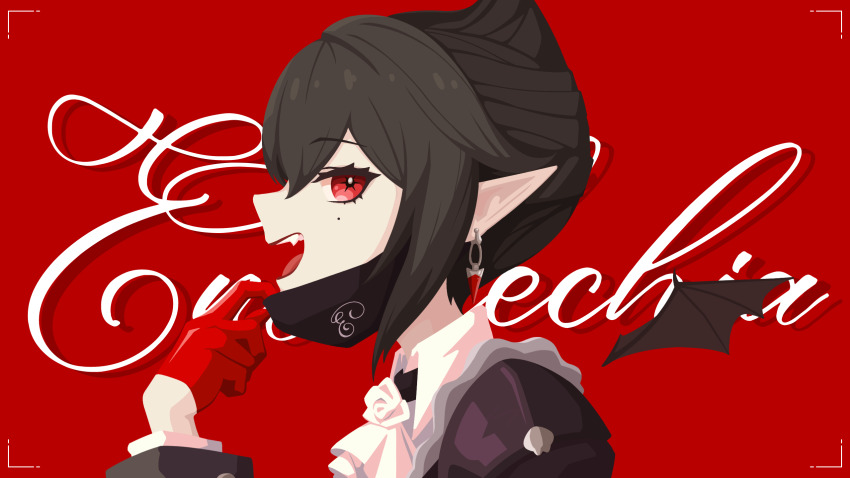 1girl arknights ascot black_hair character_name earrings entelechia_(arknights) fang gloves gribberoni hair_horns half_gloves highres jewelry long_sleeves looking_at_viewer mask mask_pull mole mole_under_eye mouth_mask open_mouth pointy_ears profile red_background red_eyes red_gloves short_hair smile solo teeth upper_body upper_teeth_only vampire viewfinder white_ascot