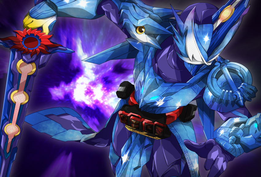 1boy brave_dragon_wonder_ride_book compound_eyes haouken_xross_saber highres holding holding_sword holding_weapon kamen_rider kamen_rider_crimson_saber kamen_rider_saber kamen_rider_saber_(series) kamen_rider_xross_saber male_focus miyabi_(037) open_hand rider_belt saiyuu_journey_wonder_ride_book seiken_swordriver storm_eagle_wonder_ride_book sword upper_body weapon white_eyes wonder_ride_book