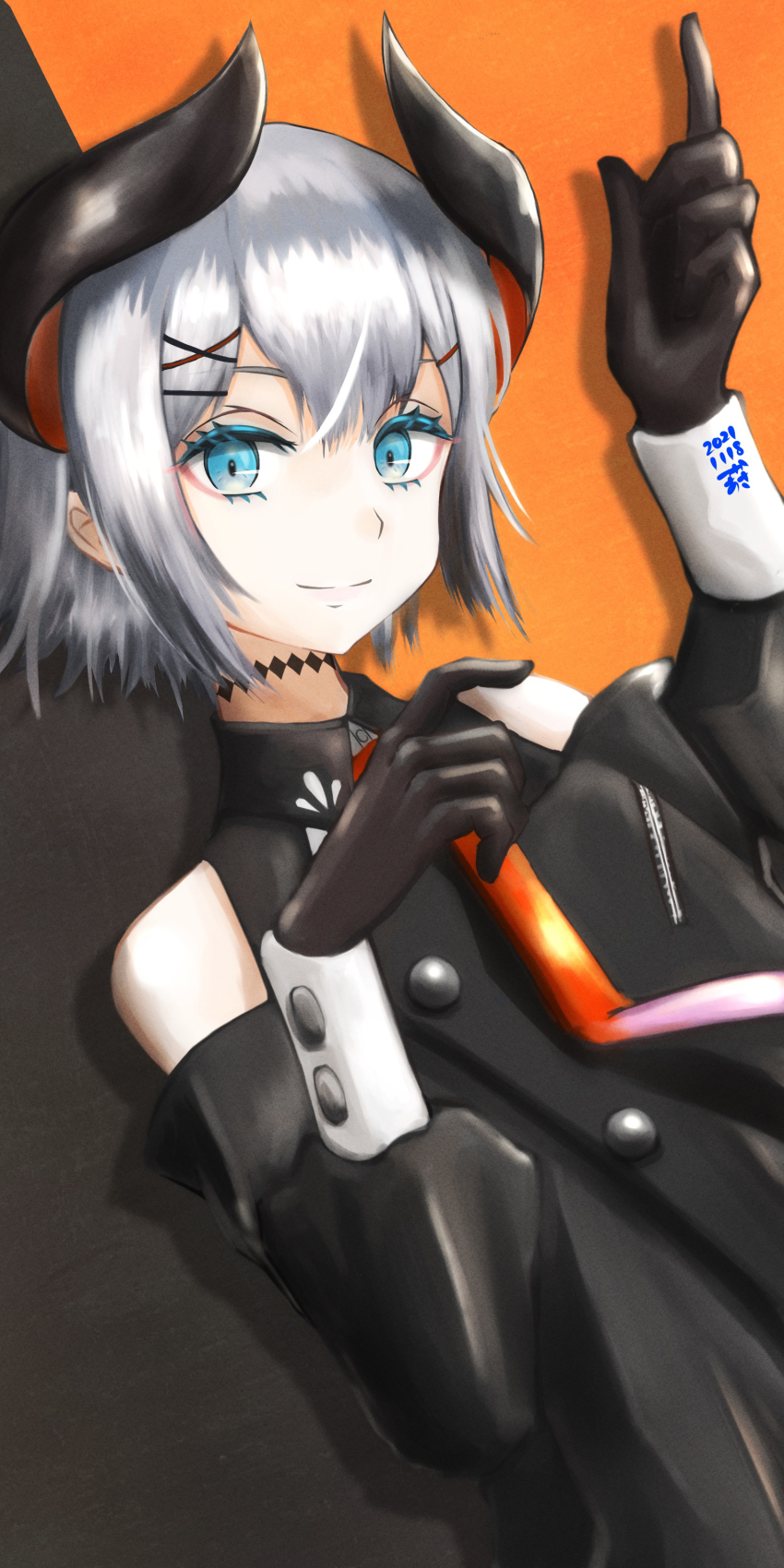 1girl absurdres bare_shoulders black_background black_coat black_gloves black_horns blue_eyes closed_mouth clothing_cutout coat commentary_request dated dutch_angle gloves grey_hair hair_ornament highres horns levi_elipha levi_elipha_(1st_costume) looking_at_viewer necktie nijisanji orange_background orange_necktie pink_necktie short_hair shoulder_cutout smile solo tsukaasa two-tone_background two-tone_necktie virtual_youtuber x_hair_ornament