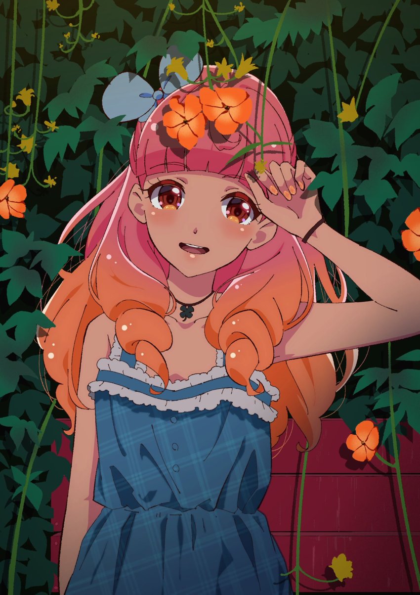 1girl aikatsu!_(series) aikatsu_friends! arm_up armpit_peek bad_id bad_pixiv_id bare_shoulders blue_bow blue_dress blunt_bangs bow brown_eyes choker clover diamond_(shape) dress drill_hair fence flower_request four-leaf_clover frilled_dress frills gradient_hair hair_over_shoulder highres ivy kaoryu-kun lips long_hair looking_at_viewer multicolored_eyes multicolored_hair nail_polish open_mouth orange_eyes orange_hair orange_nails outdoors overgrown pink_hair plaid_clothes plaid_dress plant round_teeth shadow shiny_skin sleeveless sleeveless_dress smile solo teeth upper_body upper_teeth_only vines wooden_fence wristband yuki_aine