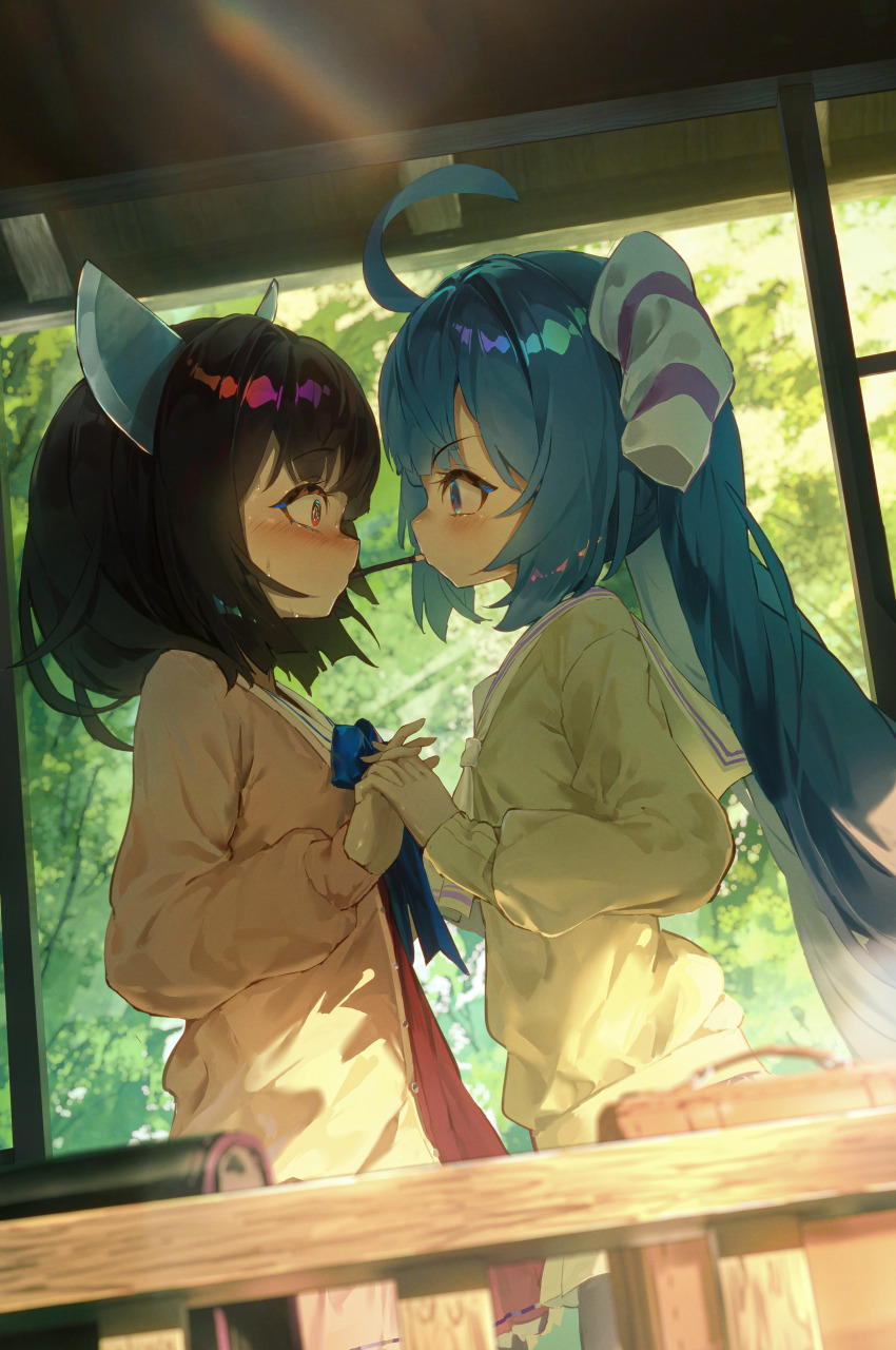2girls absurdres ahoge ap04astral blue_bow blue_bowtie blue_eyes bow bowtie brown_cardigan cardigan commentary_request dated_commentary day eye_contact food headgear highres holding_hands interlocked_fingers long_hair long_sleeves looking_at_another multiple_girls otomachi_una outdoors pocky pocky_kiss red_eyes sailor_collar shared_food short_hair sweat touhoku_kiritan twintails vocaloid voiceroid white_sailor_collar yellow_cardigan yuri