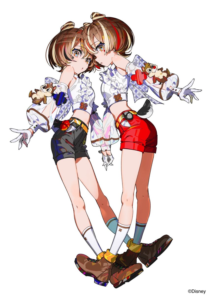 2girls acorn_ornament acorn_tattoo ankle_boots belt ben-day_dots black_shorts blonde_hair boots breasts brown_footwear brown_hair chip_&#039;n_dale_rescue_rangers chip_(disney) chipmunk_girl chipmunk_tail commentary company_name cone_hair_bun copyright_notice crop_top cropped_shirt cross-laced_footwear dale_(disney) detached_sleeves disney double_bun english_commentary eyelashes facial_tattoo frilled_shirt frills full_body gloves grey_hair hair_between_eyes hair_bun half_gloves high-waist_shorts highres holding_hands interlocked_fingers kneehighs long_bangs looking_at_viewer looking_to_the_side midriff mika_pikazo multicolored_hair multiple_girls official_art parted_lips pocket puffy_sleeves red_hair screentones see-through_clothes see-through_sleeves shippou_(pattern) shirt short_hair shorts sideways_glance sleeveless sleeveless_shirt small_breasts socks standing streaked_hair stuffed_animal stuffed_toy tattoo toes_up white_background white_gloves white_hair white_shirt white_shorts white_socks yellow_belt
