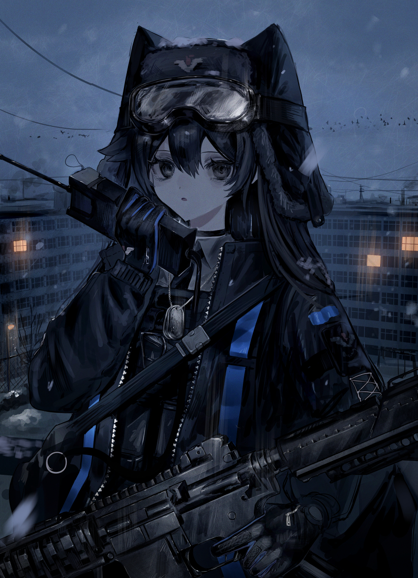 1girl absurdres apartment assault_rifle black_gloves black_hair black_hat black_jacket building commentary dog_tags flock gloves goggles goggles_on_headwear grey_eyes grey_sky gun hair_between_eyes hat highres holding holding_gun holding_walkie-talkie holding_weapon jacket long_sleeves looking_at_viewer m4_carbine military_combat_uniform military_uniform on_rooftop open_mouth original outdoors power_lines rifle rooftop senakira simple_bird sky solo talking upper_body ushanka walkie-talkie weapon zipper