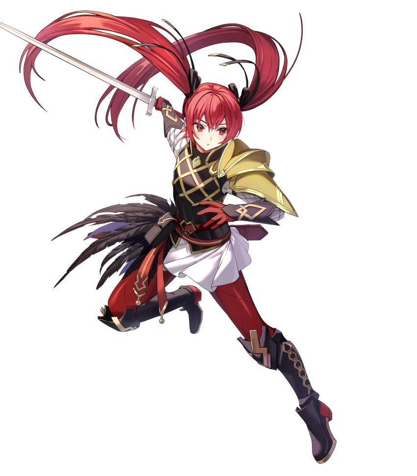 1girl armor attack boots commentary english_commentary fire_emblem fire_emblem_fates fire_emblem_heroes gambeson gloves hair_ribbon highres holding holding_sword holding_weapon leg_up leggings long_hair nintendo non-web_source official_art open_mouth red_eyes red_hair red_leggings ribbon selena_(fire_emblem_fates) selena_(resplendent)_(fire_emblem_fates) solo sword twintails v-shaped_eyebrows very_long_hair weapon