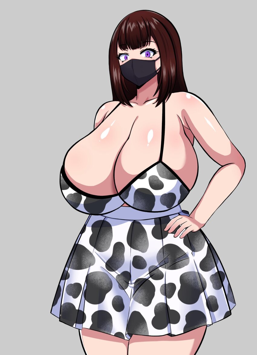 1girl animal_print bikini breast_expansion breasts brown_hair codeorange162 cow_print cow_print_bikini cow_print_skirt eyelashes female_focus grey_background highres huge_breasts long_hair looking_at_viewer mask mouth_mask msak print_bikini purple_eyes skirt solo standing swimsuit