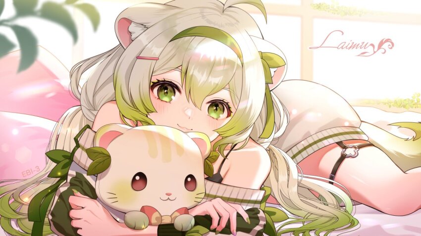 1boy 1girl ahoge animal_ears ashiyafuku bare_shoulders bed bow bowtie bra_strap ferret ferret_ears ferret_girl ferret_tail gradient_hair gradient_tail green_eyes green_fur green_hair green_nails green_sweater green_tail hair_ornament hairband hairclip indie_virtual_youtuber laimu_(vtuber) laimu_(vtuber)_(cozy) leaf limon_(laimu) long_hair lying mascot multicolored_fur multicolored_hair multicolored_tail no_pants o-ring o-ring_thigh_strap on_bed on_stomach pink_bow pink_bowtie pink_nails plant potted_plant ribbon single_thighhigh sweater tail thigh_strap thighhighs thighs twintails two-tone_fur two-tone_hair two-tone_tail vinesauce virtual_youtuber white_fur white_hair white_sweater white_tail window