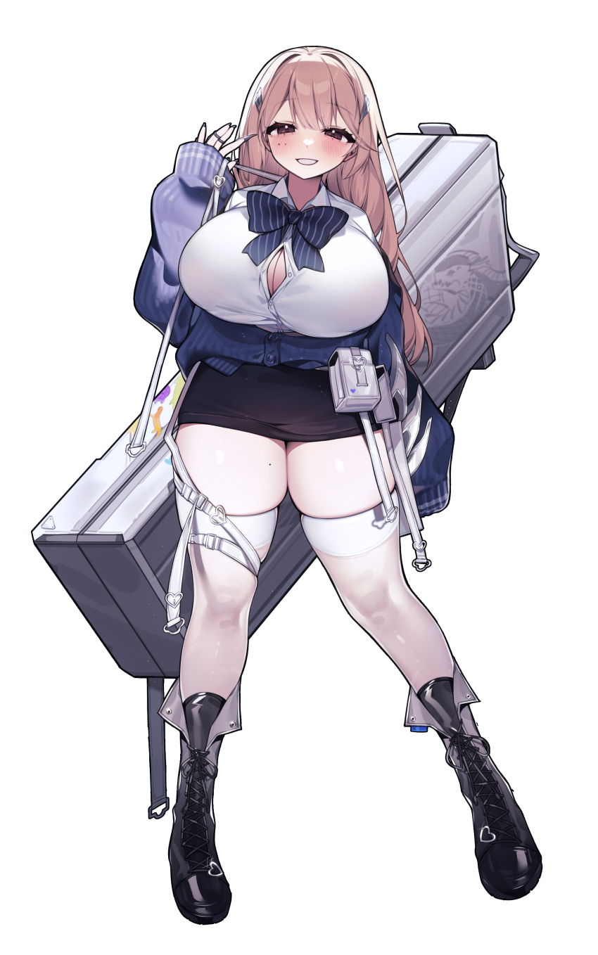 1girl absurdres blonde_hair blue_bow blue_bowtie blush bow bowtie breasts brown_eyes cleavage collared_shirt curvy goddess_of_victory:_nikke hair_ornament highres huge_breasts jewelry large_breasts long_hair looking_at_viewer sen_light shirt shoes skindentation skirt smile solo thick_thighs thighs tia_(nikke) white_shirt