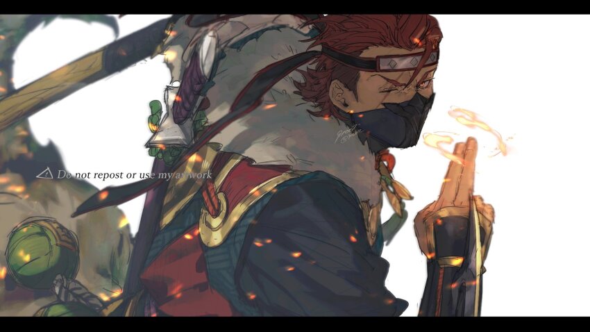 1boy 91007 embers fire_emblem fire_emblem_fates fire_emblem_heroes headband highres kuji-in male_focus nintendo official_alternate_costume one_eye_closed red_eyes red_hair saizo_(fire_emblem) saizo_(ninja)_(fire_emblem) scar scar_across_eye scar_on_face