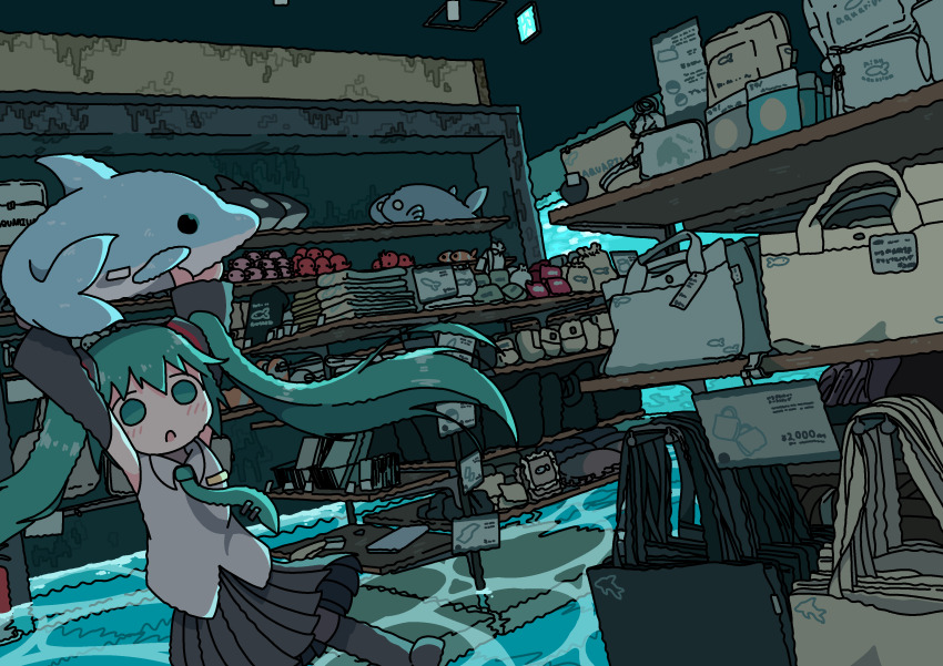 1girl absurdres arms_up bag blue_eyes blue_hair blue_necktie dolphin emesan_desu flood hatsune_miku highres interior miku_day necktie octopus shop solo stuffed_animal stuffed_toy tote_bag tsukumizu_yuu_(style) vocaloid