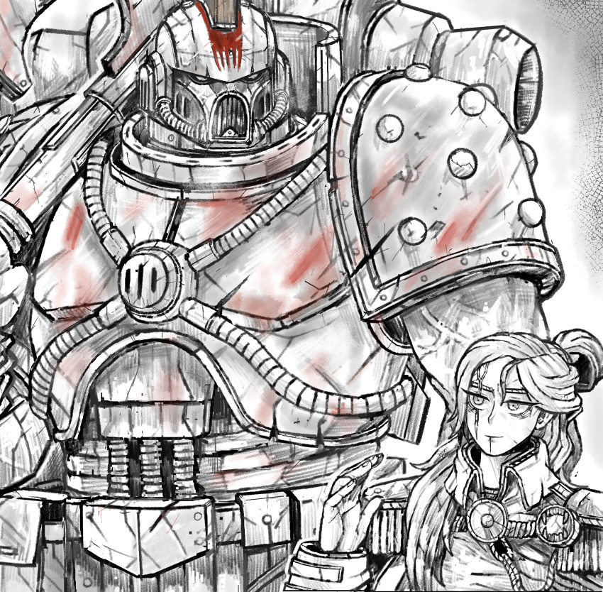 1boy 1girl adeptus_astartes aiguillette armor blood blood_on_armor blood_on_helmet epaulettes height_difference helmet highres kharn_the_betrayer lotara_sarrin military_uniform octosoup pauldrons power_armor shoulder_armor spot_color studded_pauldrons veins veiny_arms warhammer_40k world_eaters