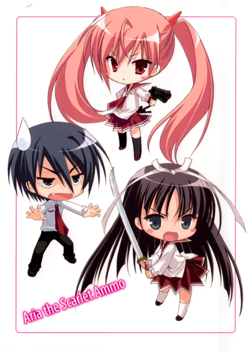 1boy 2girls absurdres chibi fang hidan_no_aria highres hotogi_shirayuki kanzaki_h._aria kobuichi multiple_girls official_art sweatdrop sword tooyama_kinji weapon