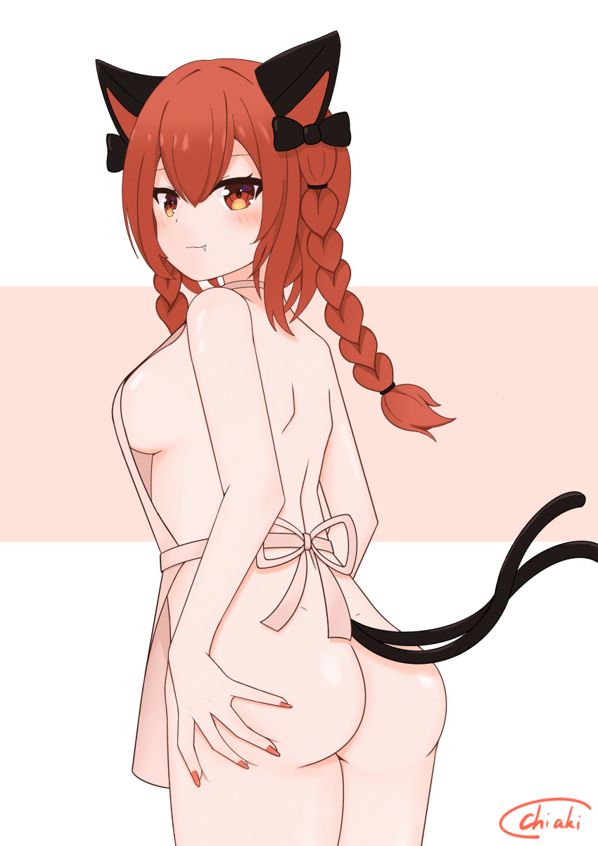 1girl absurdres animal_ears apron artist_name ass black_bow black_tail bow braid breasts cat_ears cat_girl cat_tail chiaki_koizumi closed_mouth commentary_request cowboy_shot fang fang_out fingernails hair_between_eyes hair_bow hand_on_own_ass highres kaenbyou_rin long_hair looking_at_viewer medium_breasts multiple_tails naked_apron orange_eyes orange_nails pink_apron pink_background red_hair sideboob signature simple_background smile solo standing tail touhou twin_braids two_tails white_background