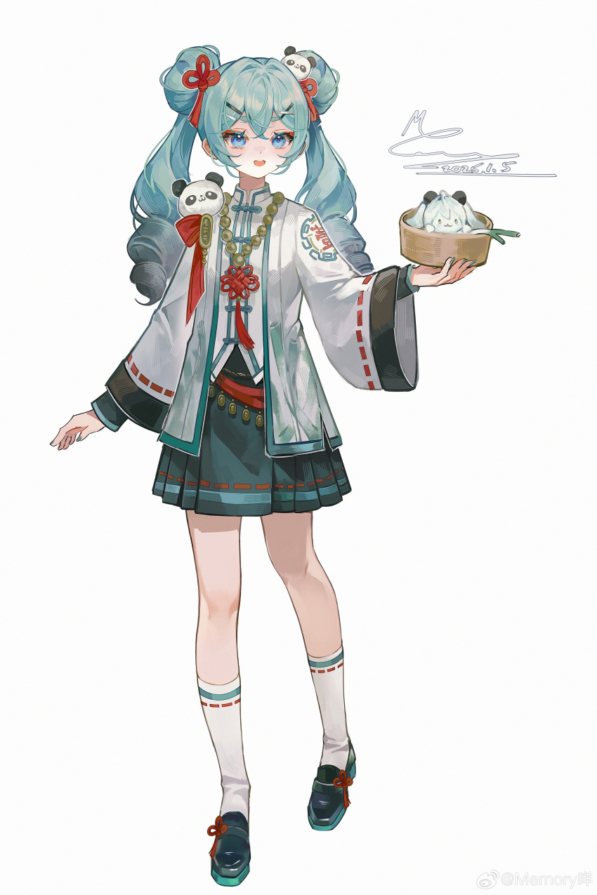 1girl absurdres ankle_socks aqua_eyes aqua_skirt bamboo_steamer bead_necklace beads black_shoes blue_eyes bow character-themed_food chinese_clothes collared_shirt dated dot_nose double_bun drill_hair eyelashes flower_knot footwear_ribbon full_body hair_bun hair_ornament hair_ribbon hairclip happy hatsune_miku highres holding_bamboo_steamer indoors jacket jewelry knees layered_sleeves light_blush long_hair long_sleeves looking_at_viewer memory_mie necklace open_clothes open_jacket open_mouth panda_hair_ornament pleated_skirt red_bow red_ribbon ribbon ribbon-trimmed_sleeves ribbon-trimmed_socks ribbon_trim shirt shoes signature simple_background skirt smile socks solo standing tassel tassel_hair_ornament teeth twin_drills twintails upper_teeth_only vocaloid watermark weibo_watermark white_background white_jacket white_shirt white_socks wide_sleeves x_hair_ornament
