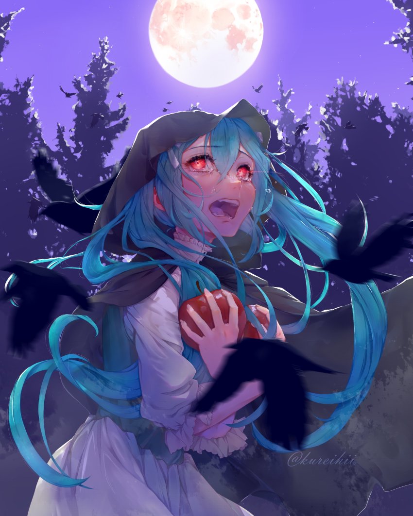 1girl absurdres apple aqua_eyes aqua_hair artist_name bird black_bird cloak collar crying crying_with_eyes_open despair empty_eyes eve_moonlit evillious_nendaiki eyelashes fangs food forest frilled_collar frilled_sleeves frills fruit full_moon glowing glowing_eyes hair_ribbon hatsune_miku highres holding holding_food holding_fruit hood hooded_cloak kureihii light_trail messy_hair moon moonlit_bear_(vocaloid) motion_blur nature night night_sky open_mouth red_eyes ribbon scared signature silhouette sky solo tears tree twintails vocaloid white_ribbon