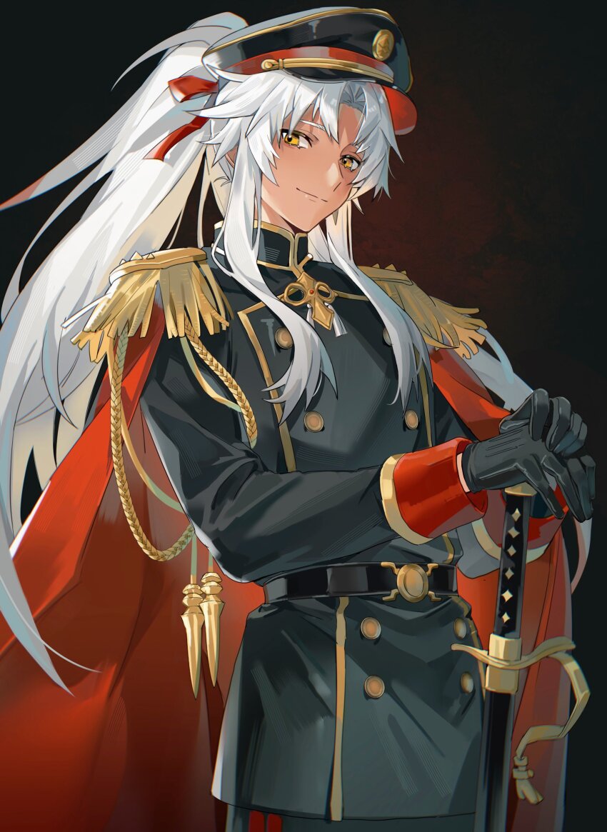 1boy absurdres aiguillette amakusa_shirou_(fate) ayasyacyo belt black_background cape dark-skinned_male dark_skin epaulettes hair_ribbon hand_on_hilt hat highres jacket long_sleeves looking_at_viewer male_focus military_jacket military_uniform peaked_cap ponytail ribbon smile solo upper_body white_hair yellow_eyes