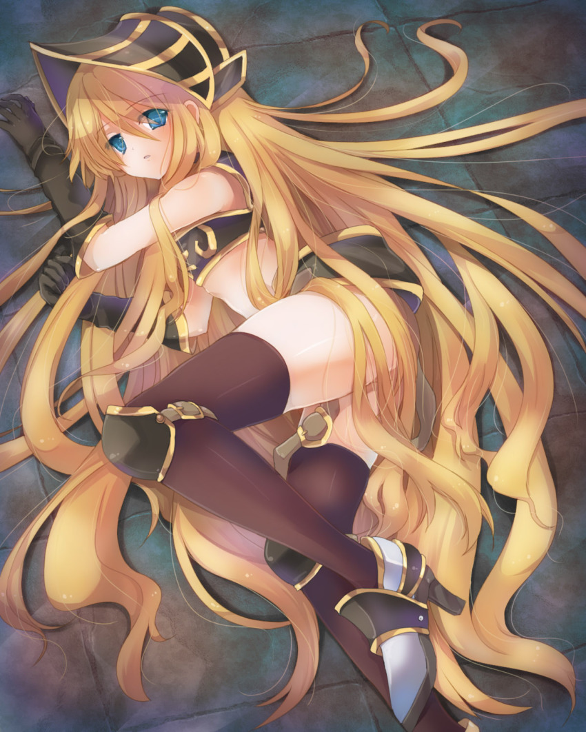1girl ankle_boots armor armored_boots ass bad_id bad_pixiv_id bandeau bare_shoulders black_gloves black_thighhighs blonde_hair blue_eyes boots brown_thighhighs buckle gloves helmet high_heels highres hizukiryou khalitzburg_(ro) khalitzburg_(user_2274420) knee_pads long_hair looking_back lying no_panties on_side ragnarok_online thighhighs thighs very_long_hair