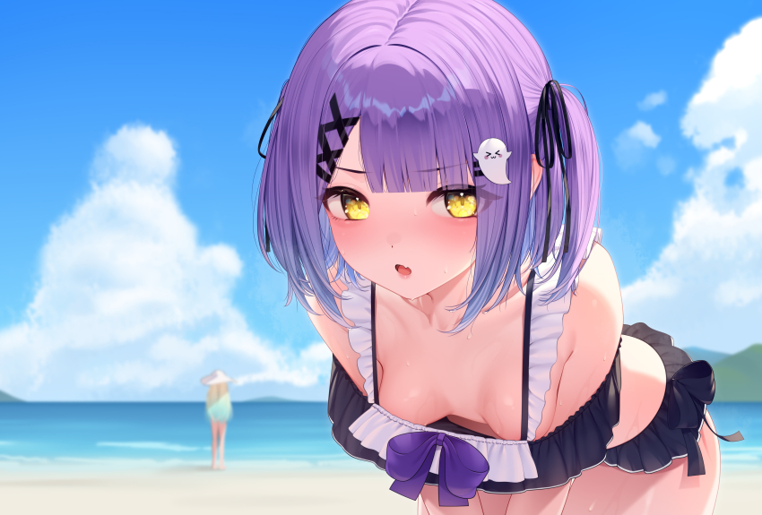 2girls absurdres aizawa_ema beach bent_over bikini black_bikini black_ribbon blue_hair blue_sky blunt_bangs blush bow breasts cloud collarbone colored_inner_hair day downblouse fang frilled_bikini frills ghost_hair_ornament hair_ornament hair_ribbon hat highres looking_at_viewer multicolored_hair multiple_girls nikichiho ocean off-shoulder_bikini off_shoulder outdoors purple_bow purple_hair ribbon shinomiya_runa shinomiya_runa_(summer_c102) short_hair skin_fang sky small_breasts solo_focus sun_hat sweat swimsuit two_side_up virtual_youtuber vspo! water wet x_hair_ornament yellow_eyes