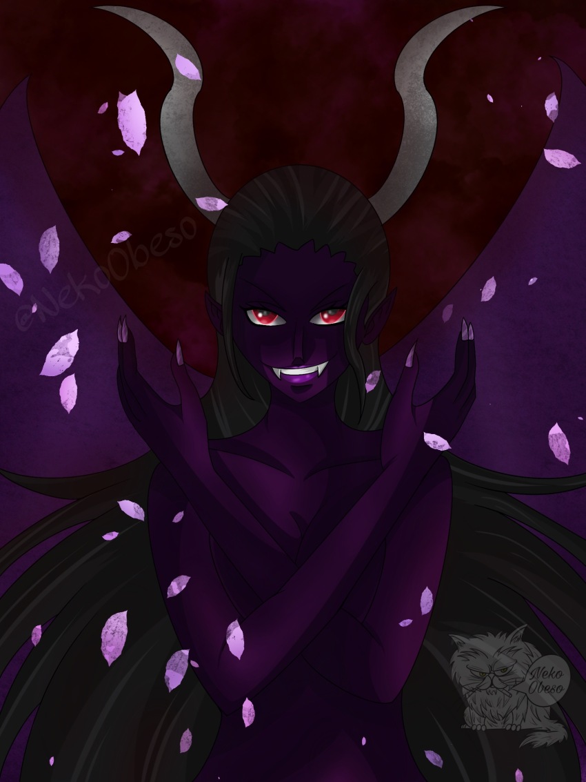 1girl black_hair colored_skin commentary crossed_arms demon_girl demonio_fleur english_commentary falling_petals fingernails hana_hana_no_mi highres horns long_hair looking_at_viewer nekoobeso nico_robin one_piece petals purple_petals purple_skin red_eyes sidelocks smile solo twitter_username upper_body watermark wings