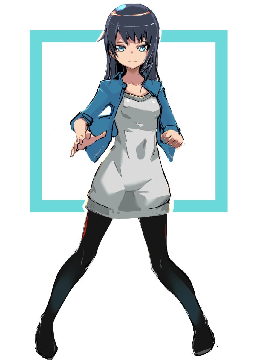 1girl alice_gear_aegis black_footwear black_legwear blue_eyes blue_hair blue_jacket commentary_request grey_shirt highres jacket koashi_mutsumi pants pigeon-toed shirt smile solo square yoto_(rinlin2)