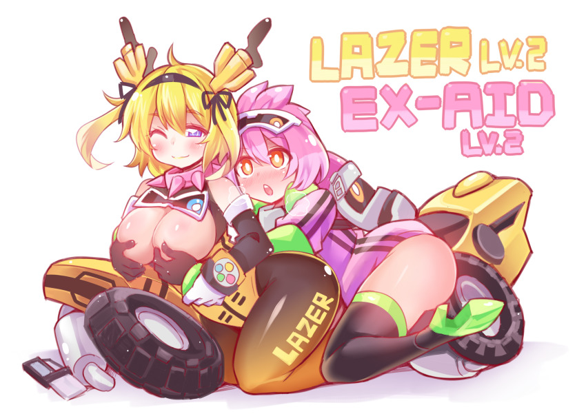 2girls action_gamer_level_2 ahoge backpack bag bakusou_bike_level_2 black_gloves black_pantyhose black_ribbon black_shoes black_thighhighs blonde_hair blue_eyes blush breasts breasts_out breath collar detached_sleeves ditienan_ddn exhaust_pipe exhaust_pipe_hair_ornament eyewear_on_head gashat gloves grabbing_another&#039;s_breast groping hair_ornament hair_ribbon hairband high_heels highres jacket kamen_rider kamen_rider_ex-aid kamen_rider_ex-aid_(series) kamen_rider_lazer large_breasts leotard long_hair long_sleeves looking_at_viewer motor_vehicle motorcycle motorcycle_parts multiple_girls one_eye_closed open_mouth orange_eyes pantyhose personification pink_hair pink_jacket ribbon rider-tan shoes short_hair short_sleeves sitting smile spiked_collar spikes sunglasses sunglasses_on_head teeth thighhighs twintails unused_tire wheel white_background white_gloves wink yellow_leotard yuri