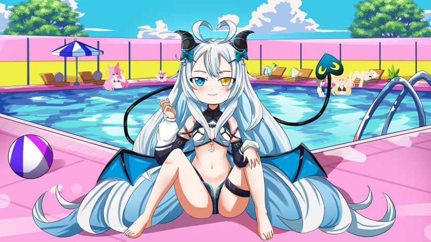 5girls absurdres ahoge akugaki_koa animal_ears ball beachball bikini blonde_hair blush bow breasts brown_hair chromashift closed_mouth cloud commission demon_girl demon_horns demon_tail demon_wings fang feet highres horns chromashift lalabell_lullaby long_hair looking_at_viewer lying meica_(vtuber) multiple_girls on_back pink_hair pool purple_hair ribbon ruby_runeheart shadow sitting skin_fang sky small_breasts stuffed_toy sunbathing swimsuit taiga_toragami tail umbrella very_long_hair virtual_youtuber water white_hair wings