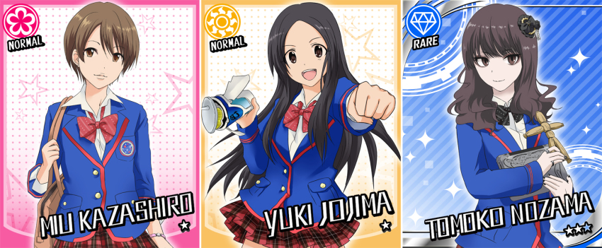 3girls bad_id bad_pixiv_id bag black_hair blazer brown_eyes brown_hair card_(medium) card_parody cinderella_girls_card_parody diamond_(gemstone) flower flower_symbol foodroid gem_(symbol) hair_ornament idolmaster idolmaster_cinderella_girls jacket joujima_yuuki kamen_rider kamen_rider_fourze_(series) kazashiro_miu long_hair multiple_girls nozama_tomoko onitsuchi parody plaid_clothes plaid_skirt school_uniform short_hair shoulder_bag skirt sparkle star_(symbol) straw_doll style_parody sun_symbol tablet_pc