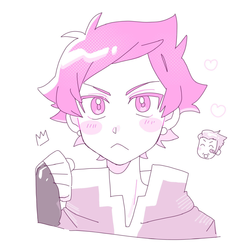 1boy 1girl clenched_hand closed_mouth cyappy1022 dress duster_(mother) heart highres hood hoodie jewelry kumatora looking_at_viewer mother_(series) mother_3 nintendo pink_eyebrows pink_eyes pink_hair pink_theme short_hair simple_background smile solo upper_body